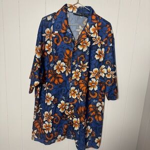 ODO Men's VINTAGE Hawaiian Style Button Down SHIRT Short Sleeve Blue Orange XL